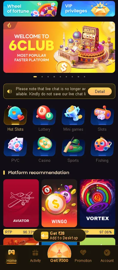 6 Club India card game lobby